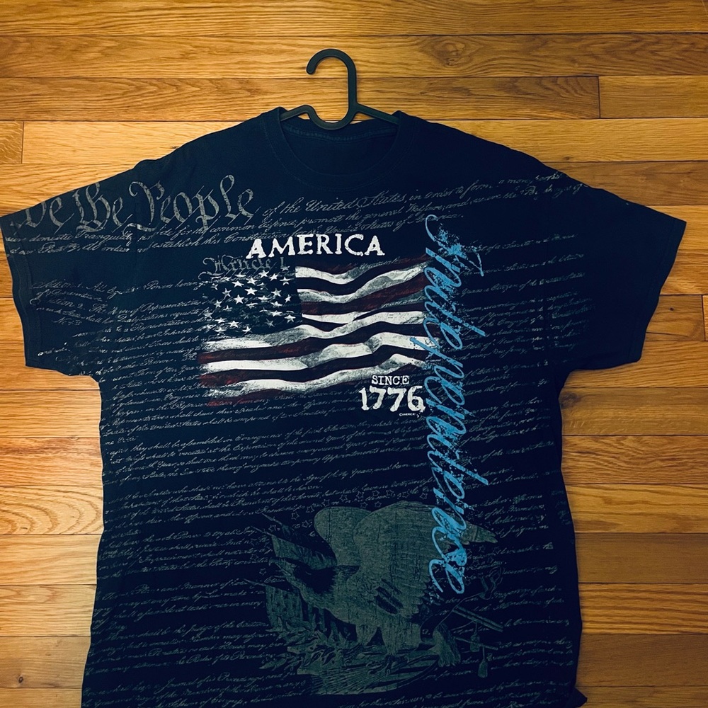 America Graphic Tee - Black with Flag & Patriotic Script